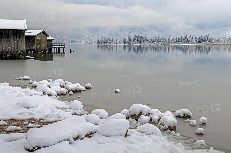 Snow, lake, wooden huts, trees, reflection, clouds, onset of winter, Kochel, Alpine foothills, Bavaria, Germany