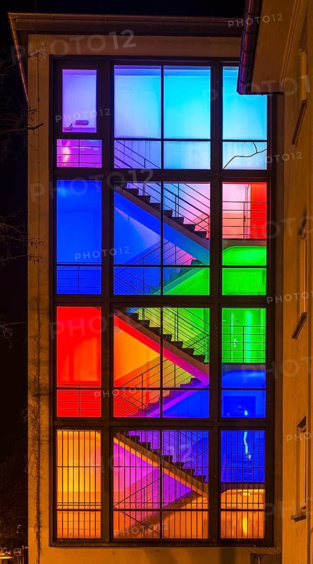 View through the windows of a brightly lit staircase. Frankfurter Mainova AG building, city center, Frankfurt am Main, Hesse, Germany