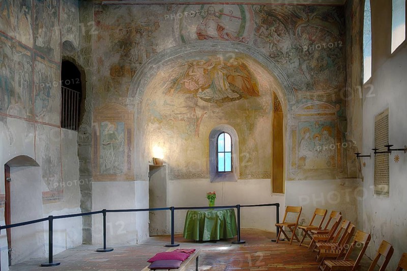 Interior photo, only surviving wall paintings by Hans Holbein, altar, St. Peter's Church, Lindau, Bavaria, Lake Constance, Germany