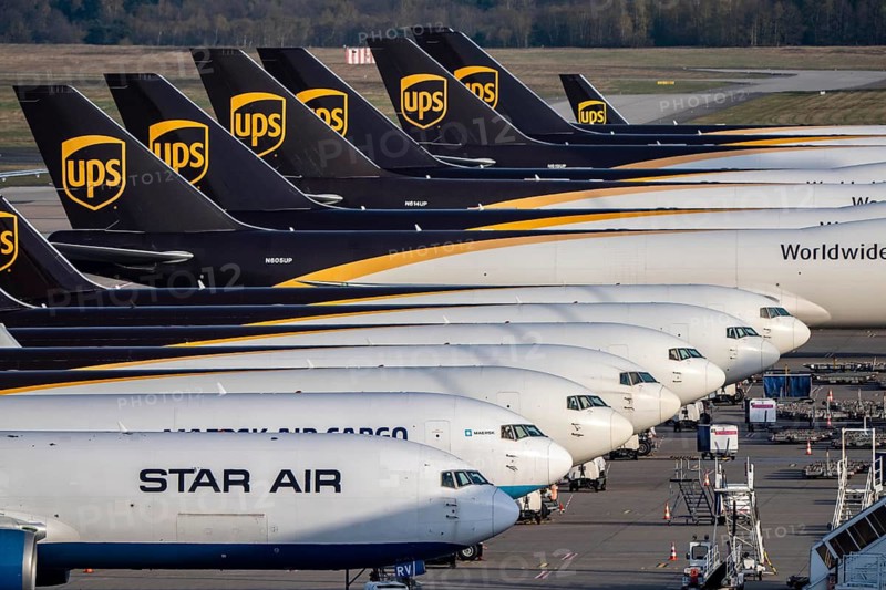 Cologne-Bonn airport, CGN, air freight center, UPS Logisic Hub, UPS cargo aircraft on the apron, Star Air Cargo aircraft, Maersk, at the logistics center