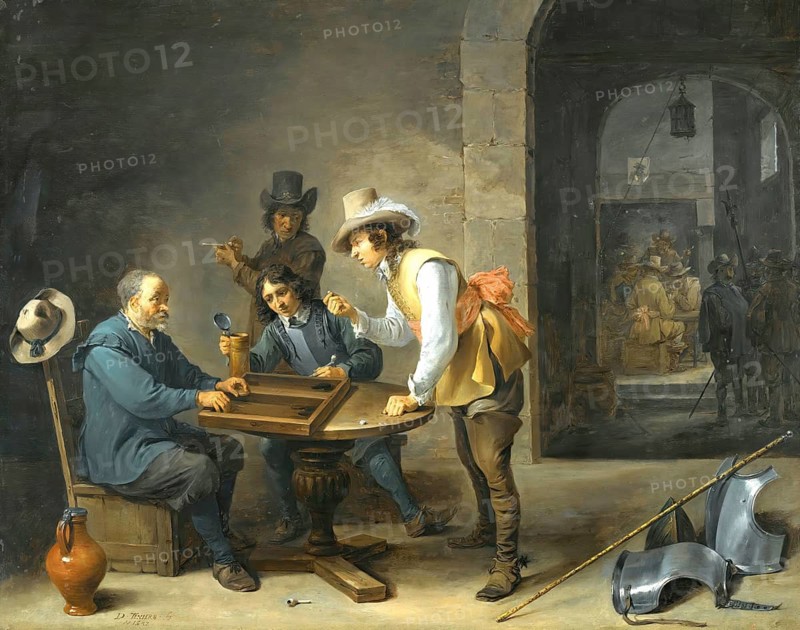 A guardroom scene with Tric-Trac players in the foreground (1647), painting by David Teniers (baptised 15 December 1610 in Antwerp, died 25 April 1690 in Brussels), Flemish painter, draughtsman and curator. He was an innovator in a variety of genres such as history painting, genre painting, landscape, portrait and still life. He is most remembered today as the leading Flemish genre painter of his time, reproduction from a 17th century painting. Authentic, file restored for optimal use, exact date of original unknown