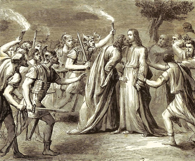 Who are you looking for? Judas betrays Jesus through a kiss, chapter 18, verse 3-5, Gospel of John, New Testament, high priest, Pharisee, servant, torches, lamps, weapons, warriors, Roman soldiers, Jesus of Nazareth, in the open, betrayal, arrest, prisoner, Bible, historical illustration 1850