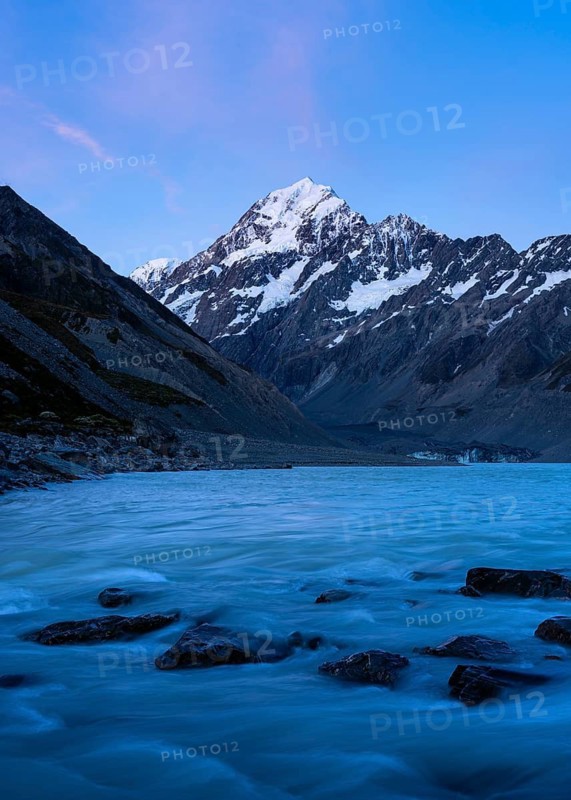 Mountainous landscape. Hooker Lake, Hooker River, and Aoraki Mount Cook. evening mood. Aoraki Mount Cook National Park, Canterbury, South Island, New Zealand