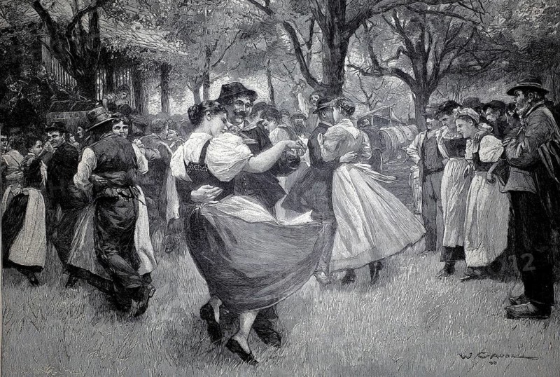 Church Christmas in Lower Austria, around 1899, couples in traditional costume and dirndl dancing, Austria, illustration, reproduction from a model from the 19th century. Authentic, file restored for optimal use, exact date of original unknown, historical, traditional festival with dancing people in costumes under trees