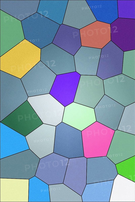 A digitally crafted illustration featuring a mosaic of variously sized, multicolored geometric shapes reminiscent of stained glass or tiling
