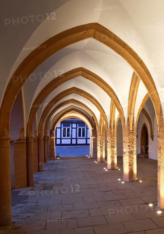 Open hall, arcade at the late Gothic town hall in Goslar in the evening, UNESCO World Heritage Site, Lower Saxony, Germany