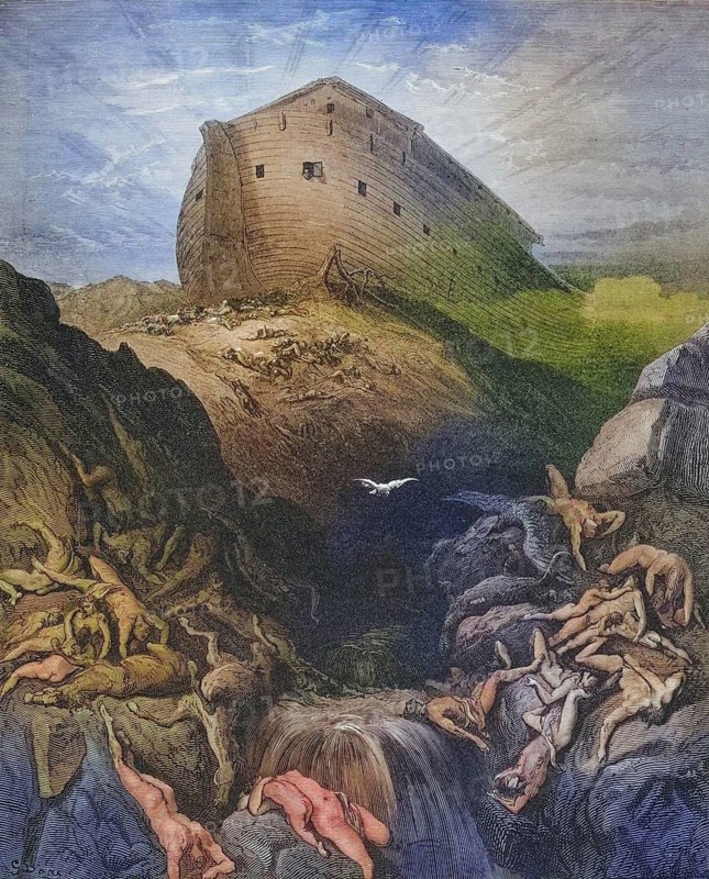 Engraving from the Dore Bible illustrating Genesis, The Dove sent forth from the Ark by Gustave Dore 1832-1883 French artist and illustrator, Historic, digitally restored reproduction from a 19th century original, Record date not stated