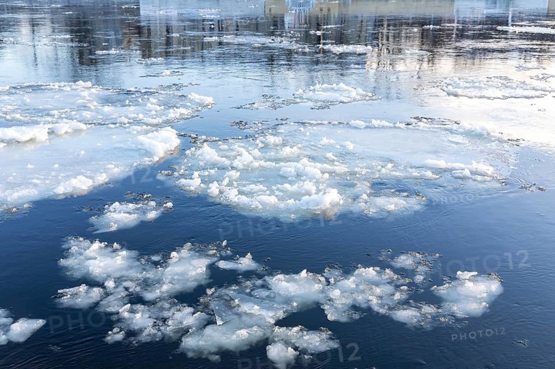 Drift ice and frozen ice rinks on the banks of the Elbe, Dresden, Saxony, Germany
