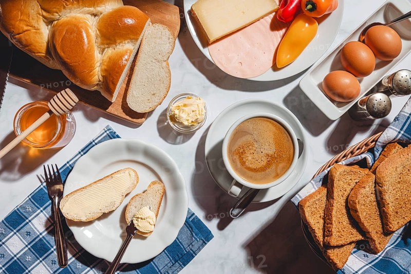 Breakfast with toast, sliced stollen, honey, cheese, ham, coffee, butter, bell pepper and eggs
