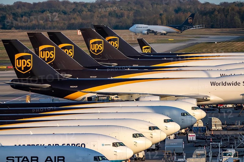 Cologne-Bonn airport, CGN, air freight center, UPS Logisic Hub, UPS cargo aircraft on the apron, UPS Boeing 747, jumbo jet, freighter on the way to takeoff
