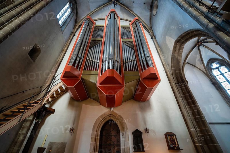 Organ interior view, Ritterstiftskirche, collegiate church St. Peter, Bad Wimpfen, Kraichgau, Baden-Württemberg, Germany