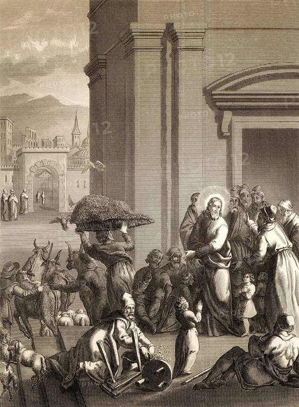 The second cleansing of the Temple, New Testament, steel engraving 1853, digitally restored