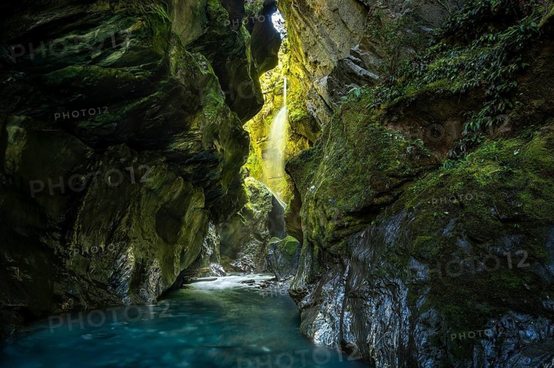 Waterfall in rocky gorge, Wilson Creek Chasm (Wilson Creek Canyon, Wilson's Creek), Haast Pass, near Wanaka, Otago, South Island, New Zealand