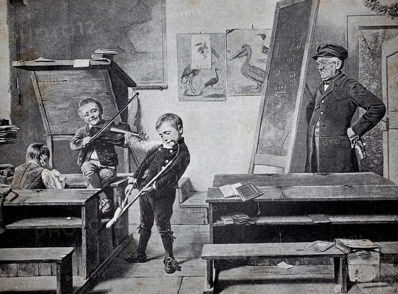 Young musicians at school, the teacher looks at the scene skeptically, 1891, authentic, digitally restored reproduction from a 19th century model, exact date of presentation unknown, historical, children playing violin in the classroom while the teacher observes them