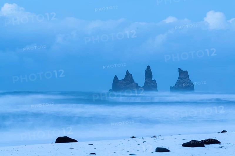 Reynisdrangar pinnacles, lava sandy beach, waves, sea, clouds, winter, Vik, Iceland, Scandinavia