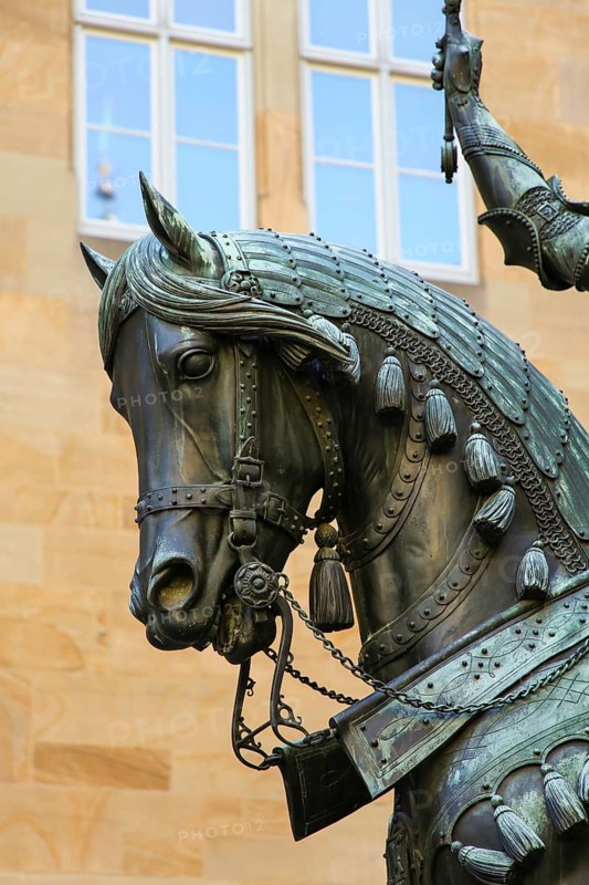 Equestrian statue of Count Eberhard im Bart, Eberhard I, Duke, bronze statue, detail, art in public space, large sculpture, horse, ekopf, Altes Schloss Stuttgart, former moated castle, princely residence, 14th century seat of the Counts of Württemberg, court chamber, today Renaissance castle, architect Aberlin Tretsch, Württemberg State Museum, historical building, architecture, castle courtyard, state capital, Stuttgart, Baden-Württemberg, Germany