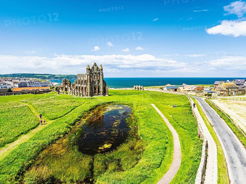Whitby Abbey over River Esk from a drone, North Yorkshire, England, United Kingdom