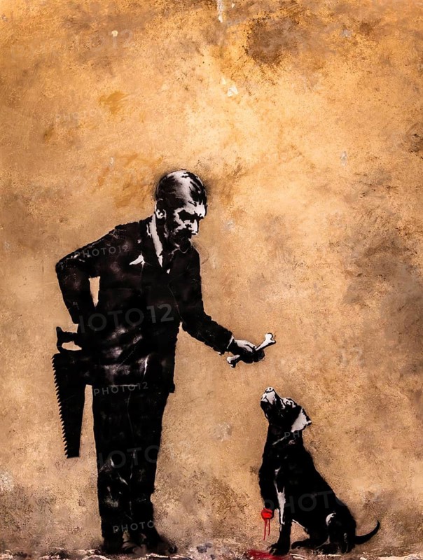 Banksy - The Good Dog, metaphor for power struggles and social conditioning, 2018, Paris France, exhibition The World of Banksy