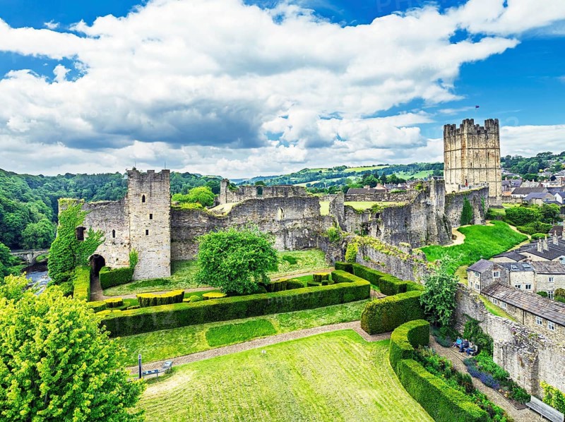 Richmond Castle from a drone, Richmond, Yorkshire Dales, North Yorkshire, England, United Kingdom
