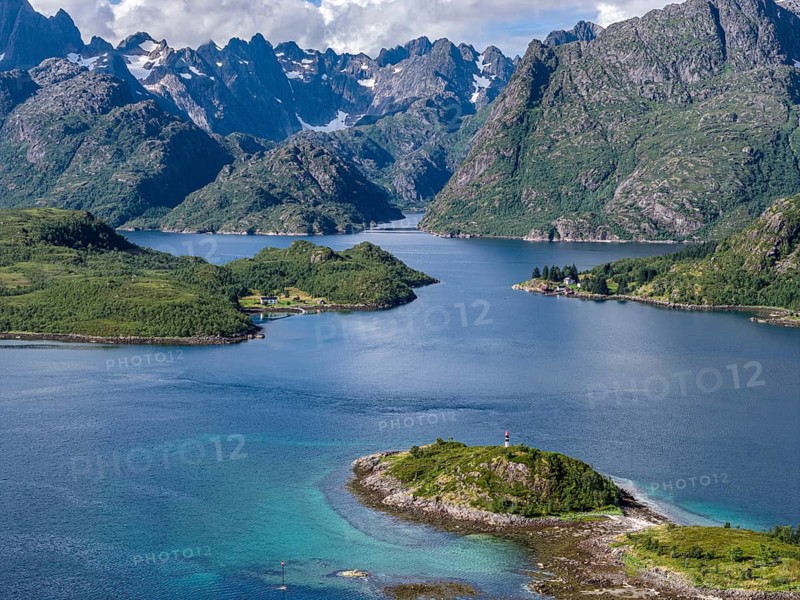 Aerial view over the Raftsund, the waterway between Lofoten and Vesteralen island, island Rognholman in front, entry to famous Trollfjord, Norway