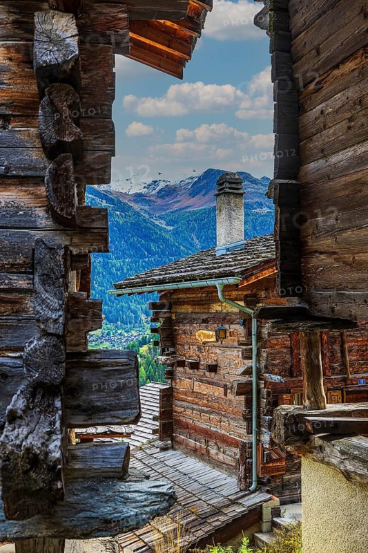Old wooden houses in the historic village centre, Grimentz, Val d'Anniviers, Valais Alps, Canton Valais, Switzerland