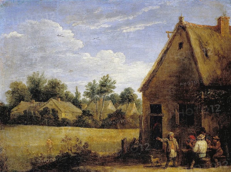 Cottage with peasants playing cards, painting by David Teniers (baptised 15 December 1610 in Antwerp, died 25 April 1690 in Brussels), Flemish painter, draughtsman and curator. He was an innovator in a variety of genres such as history painting, genre painting, landscape, portrait and still life. He is most remembered today as the leading Flemish genre painter of his time, reproduction from a 17th century painting. Authentic, file restored for optimal use, exact date of original unknown