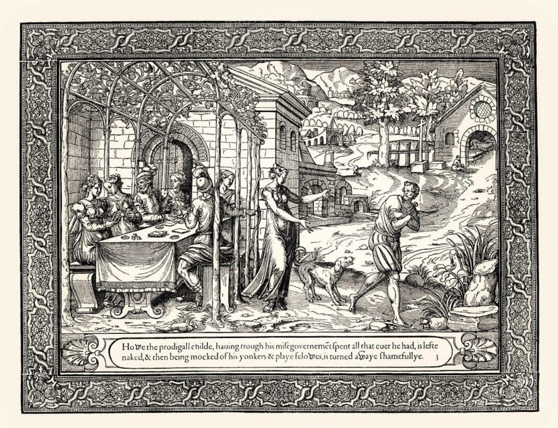 The Parable of the Lost Son, english pictures-bible, 1566, Anonymous French woodcut, digitally restored