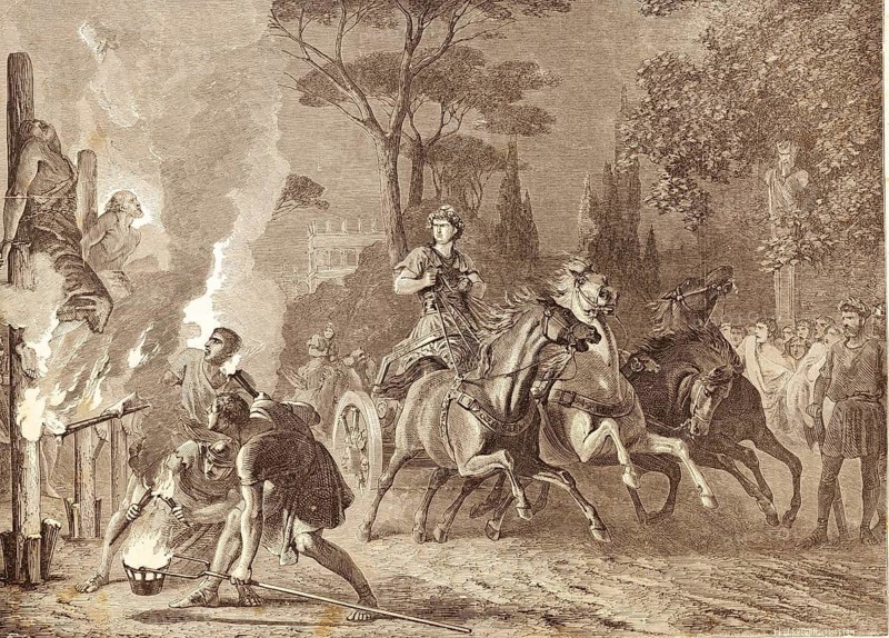 Emperor Nero looks at the burning of Christian martyrs in Rome, Paul's epistle, torture, torment, stake, fire, Roman war chariot, horses, trio, spectators, soldiers, persecution of Christians, letter, Bible, New Testament, historical illustration 1850