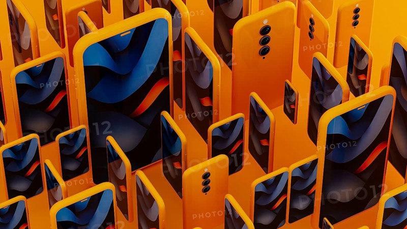 Many yellow frame smartphone exist with blue abstract art displayed on the screen. This creates a modern mobile background. 3D effect