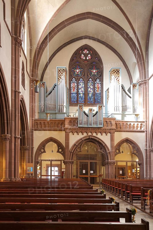Interior view with gallery and organ of the neo-Gothic St. Peter's Church, Heppenheim, Bergstrasse, Hesse, Germany