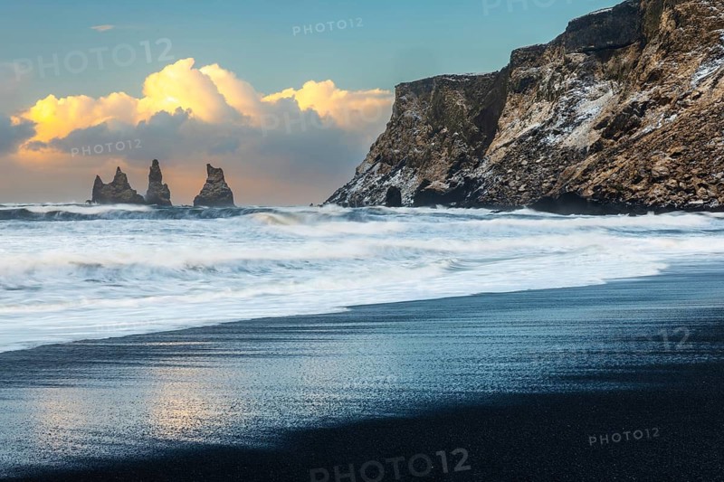 Reynisdrangar pinnacles, lava sandy beach, water, waves, sea, clouds, winter, Vik, Iceland, Scandinavia