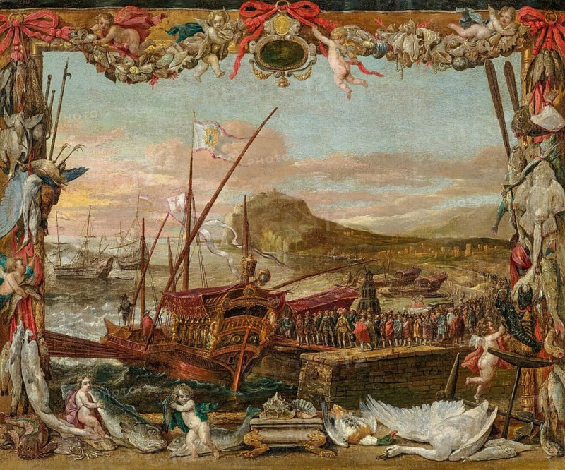 The Embarkation of Don Juan of Austria, painting by David Teniers (baptised 15 December 1610 in Antwerp, died 25 April 1690 in Brussels), Flemish painter, draughtsman and curator. He was an innovator in a variety of genres such as history painting, genre painting, landscape, portrait and still life. He is most remembered today as the leading Flemish genre painter of his time, reproduction from a 17th century painting. Authentic, file restored for optimal use, exact date of original unknown