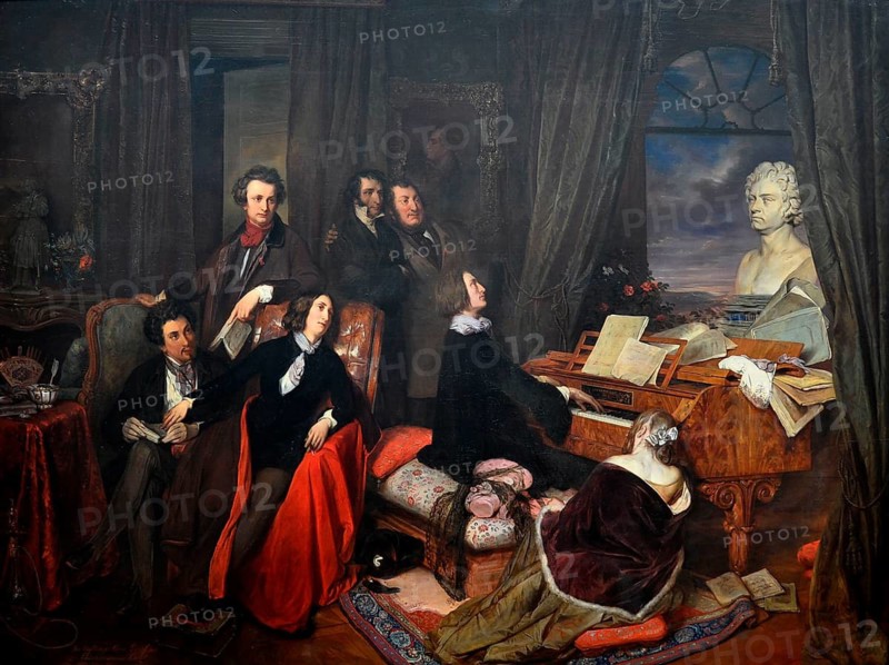 Liszt at the piano, 1840, other people enjoying the music of Liszt, Josef Danhauser, Alexandre Dumas, George Sand and Marie d'Agoult, standing Victor Hugo, Niccolò Paganini and Gioachino Rossini. Bust of Beethoven, Austria-Hungary Franz Liszt (22 October 1811 - 31 July 1886) was an Austro-Hungarian musician, in particular a piano virtuoso, composer and writer. Historical, 19th century With around 1300 works, he was one of the most productive and outstanding composers of the 19th century. Alongside Wagner, he was the most important representative of the New German School