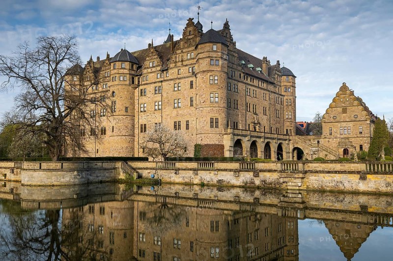 Neuenstein Castle, moated castle from the Staufer period, seat of the Hohenlohe Central Archive Neuenstein, Hohenlohe, Baden-Württemberg, Germany