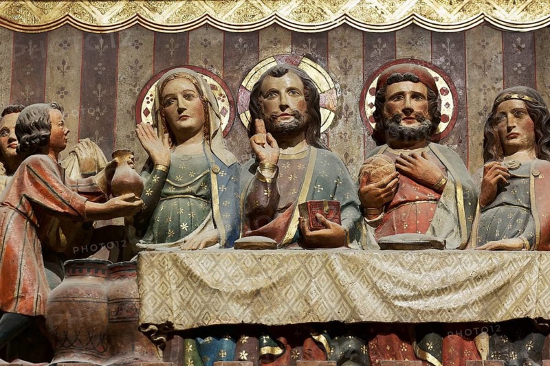 Wedding at Cana, transformation of water into wine, carving on the northern choir wall from the 14th century, Notre-Dame de Paris Cathedral, Paris, France