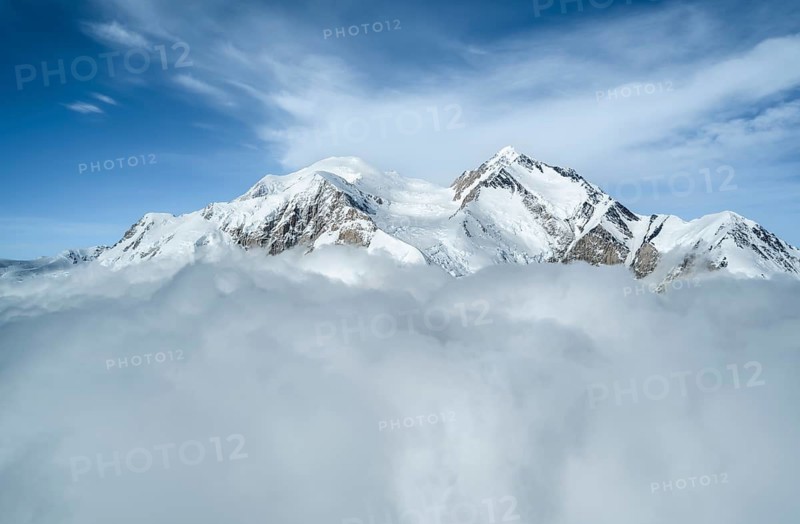 Summit of Mt Denali or Mount McKinley with glacier, aerial view, Alaska Range, Denali National Park, Alaska, USA
