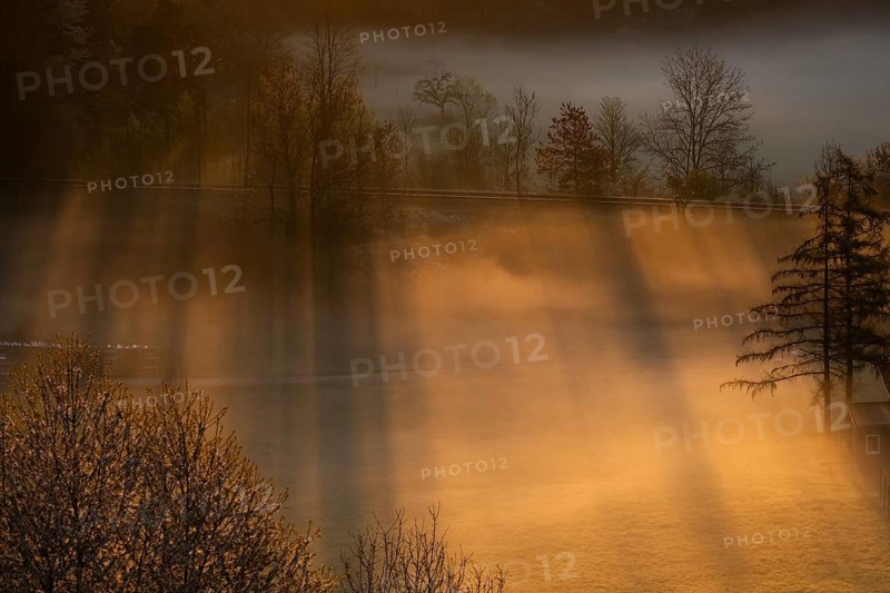 Railway line, sunrise and morning fog, Black Forest near Freudenstadt, Baden-Württemberg, Germany