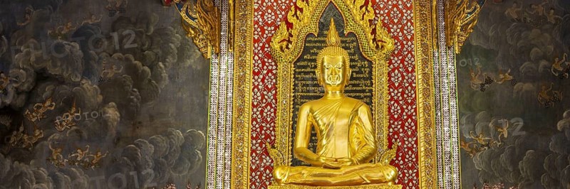 Golden meditating Buddha surrounded by wall paintings with Buddhist teachings and representations of Buddha's disciples, Wat Makut Kasatriyaram Ratchaworavihan, Phra Nakhon District, Old Bangkok, Thailand
