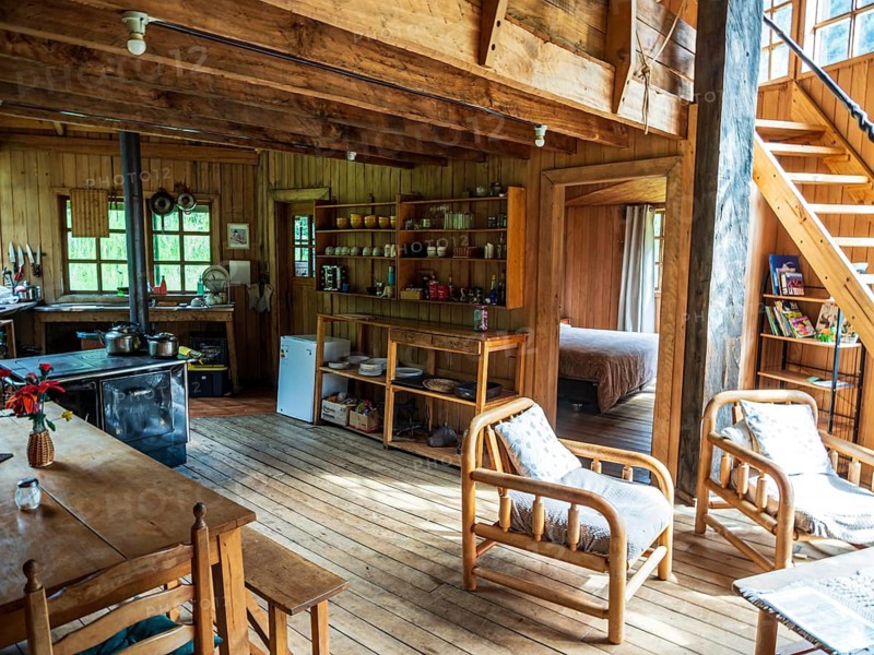 Interior of refugio Rio Cisnes, hostel at the Carretera Austral, Aysen, Chile