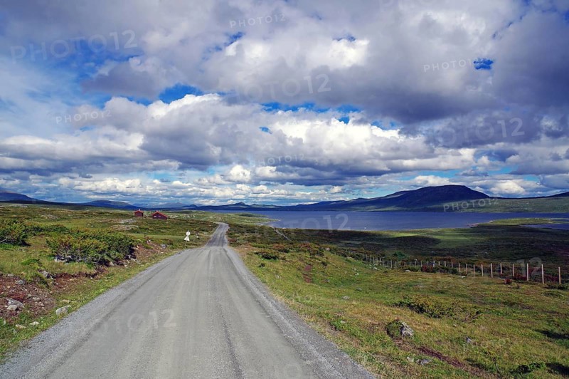 A country road leads through an open landscape with a view of a lake and distant mountains, Fjell, Jotumheimvegen, Valdresflyra, Norway