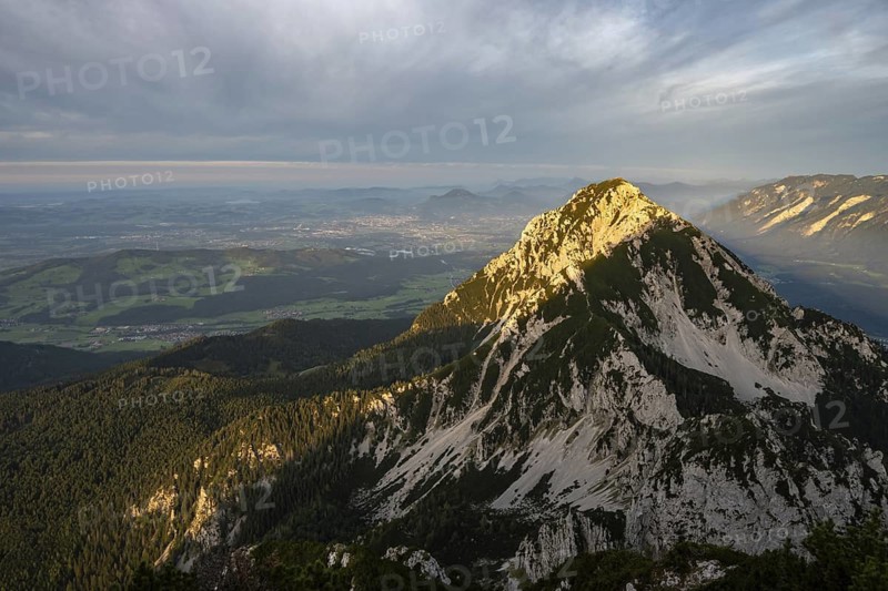 Sunset view from Zwiesel summit to Hochstaufen and Salzburg, Chiemgau Alps, Bavaria, Germany