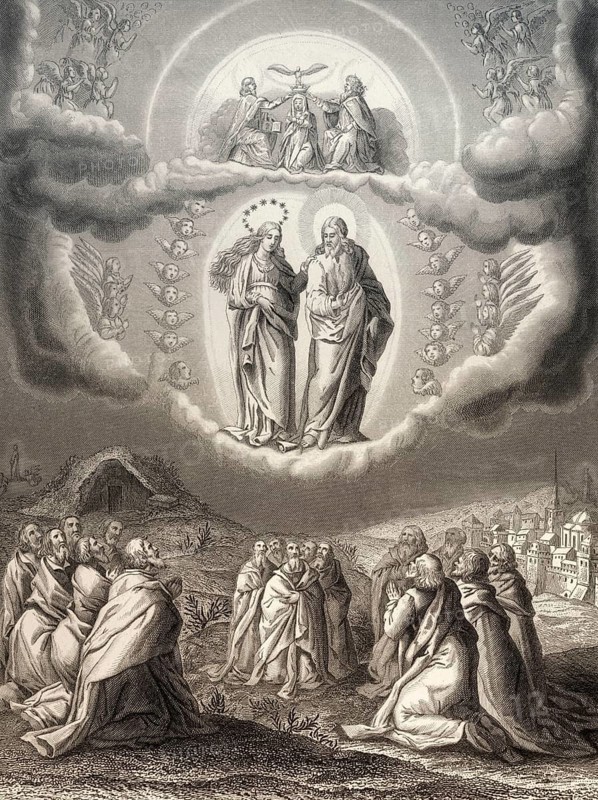 The Assumption of Mary into Heaven, Steel engraving 1853, digitally restored