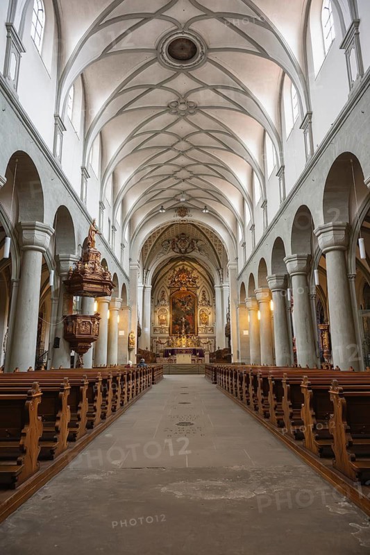 Interior view of Constance Cathedral with various architectural styles in the historic old town of Constance, Konstanz district, Baden-Württemberg, Germany