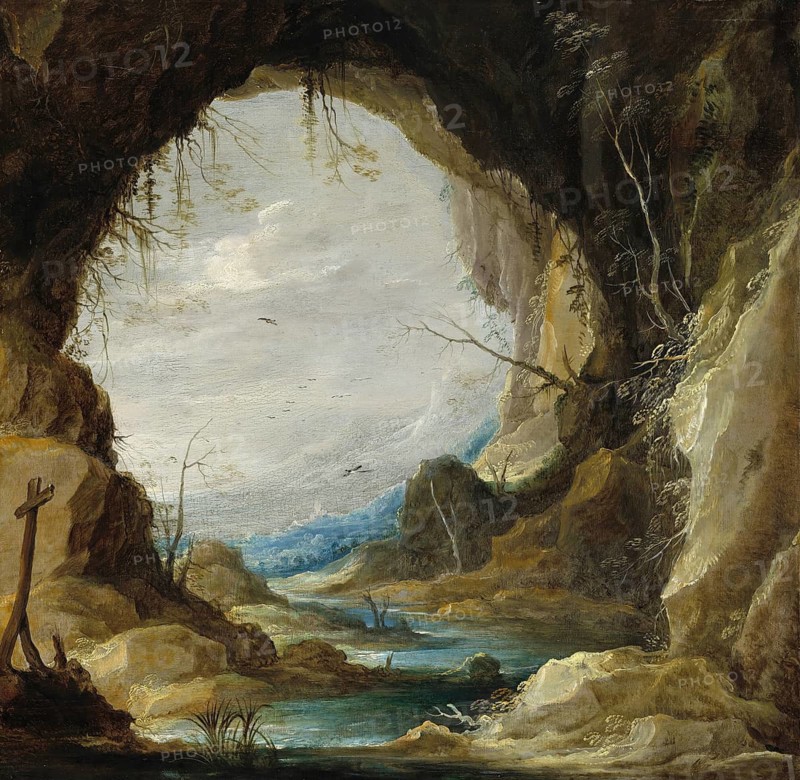 View from a Grotto (early 1630s), painting by David Teniers (baptised 15 December 1610 in Antwerp, died 25 April 1690 in Brussels), Flemish painter, draughtsman and curator. He was an innovator in a variety of genres such as history painting, genre painting, landscape, portrait and still life. He is most remembered today as the leading Flemish genre painter of his time, reproduction from a 17th century painting. Authentic, file restored for optimal use, exact date of original unknown