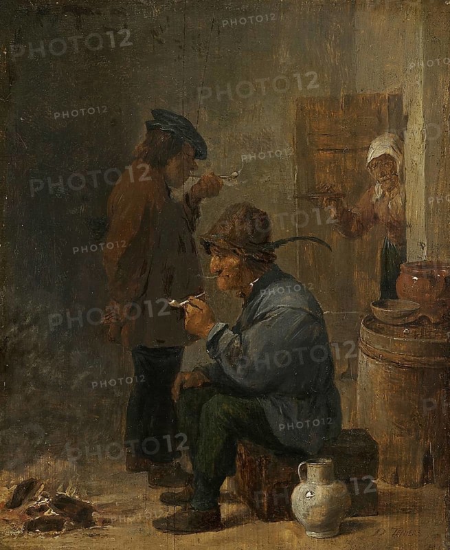 Two Smoking Peasants at a Coal Fire (ca. 1634), painting by David Teniers (baptised 15 December 1610 in Antwerp, died 25 April 1690 in Brussels), Flemish painter, draughtsman and curator. He was an innovator in a variety of genres such as history painting, genre painting, landscape, portrait and still life. He is most remembered today as the leading Flemish genre painter of his time, reproduction from a 17th century painting. Authentic, file restored for optimal use, exact date of original unknown