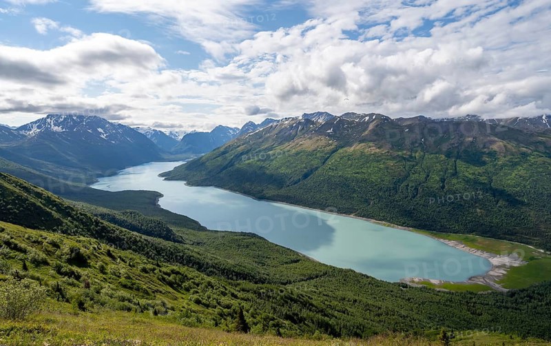 View of blue lake and mountains on Twin Peaks Trail, Eklutna Lake, Chugach Mountains, Chugach State Park, Alaska, USA