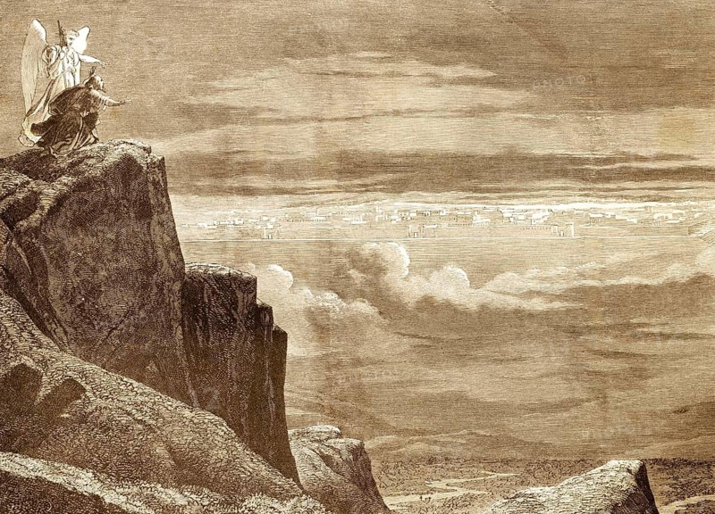 He led me up a high mountain in spirit and showed me Saint Jerusalem, the revelation of the Apostle John, chapter 21, verse 10, New Testament, God, sky, church dedication, bright cityscape above clouds, Bible, historical illustration 1850