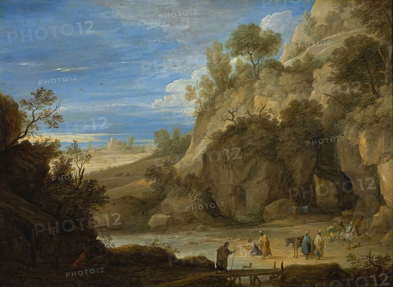 Landscape with a Gypsy Camp (1641), painting by David Teniers (baptised 15 December 1610 in Antwerp, died 25 April 1690 in Brussels), Flemish painter, draughtsman and curator. He was an innovator in a variety of genres such as history painting, genre painting, landscape, portrait and still life. He is most remembered today as the leading Flemish genre painter of his time, reproduction from a 17th century painting. Authentic, file restored for optimal use, exact date of original unknown