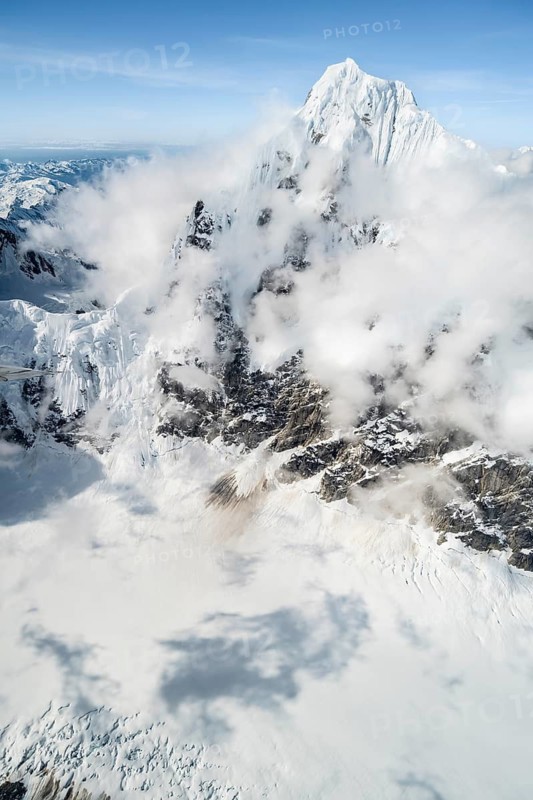 Aerial view, extreme ridge of Mount Huntington, 3731 m, glaciers and mountains of the Alaska Range, Alaska, USA
