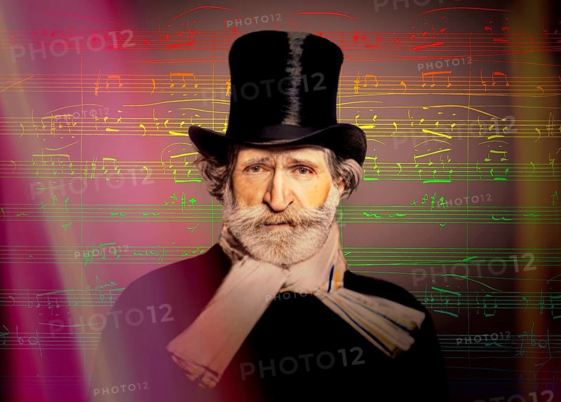 Giuseppe Verdi, 1813 – 1901, Italian opera composer, autograph notesheet from Don Carlos, digitally edited after a painting of Giovanni Boldini